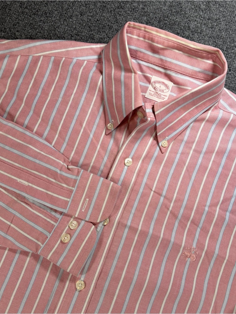 Brooks Brothers 1818 Pink Stripe Dress Shirt Size Large Sheep Lamb Logo Large